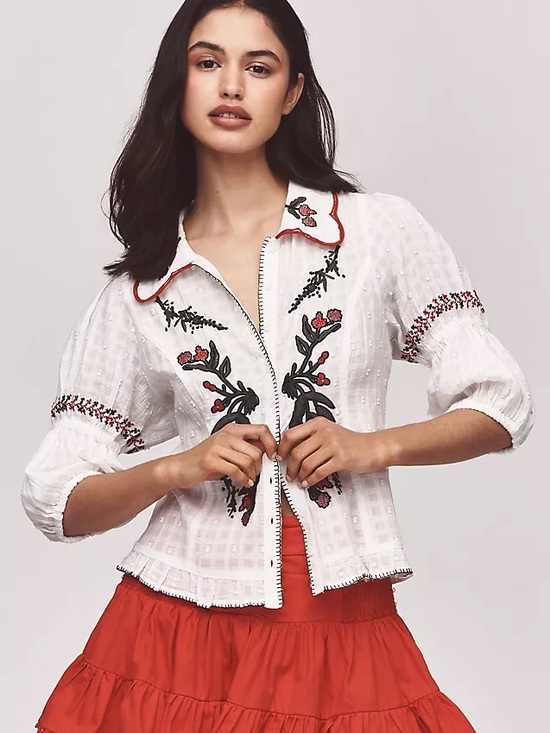 Pilcro Tops - Pilcro Puff Sleeve Embroidered Collared Blouse